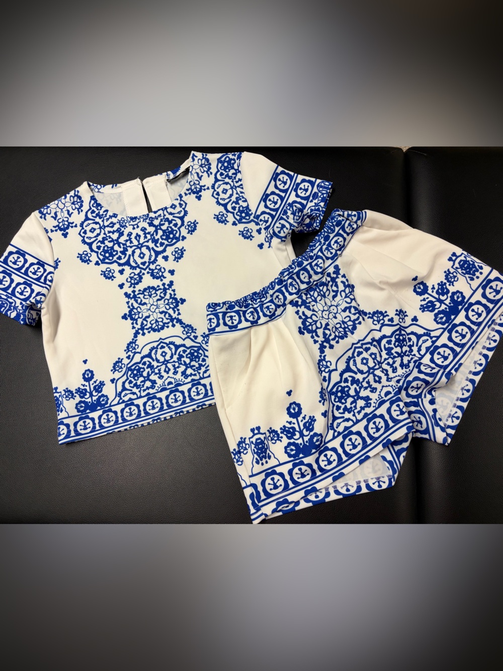 SHEIN White and Blue Printed Crop Top and Shorts Set